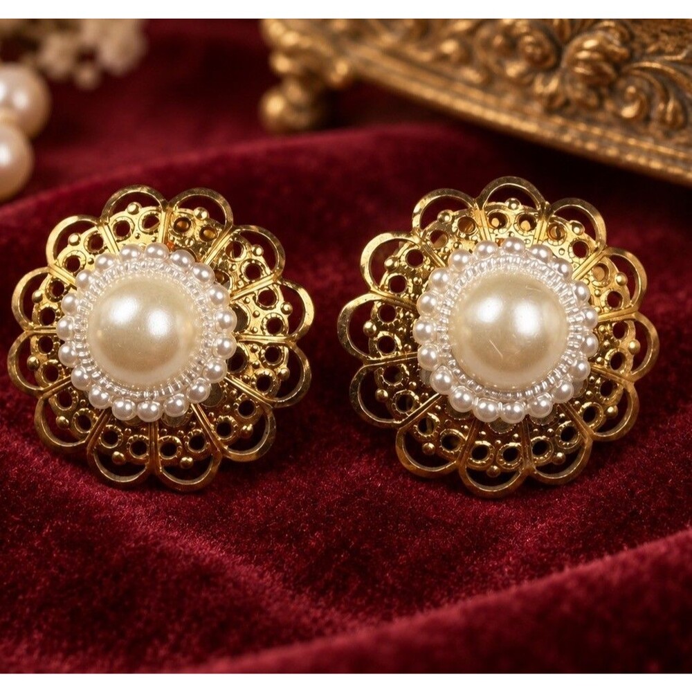Vintage Faux Pearl Flower Earrings Gold Tone Filigree Pierced Statement